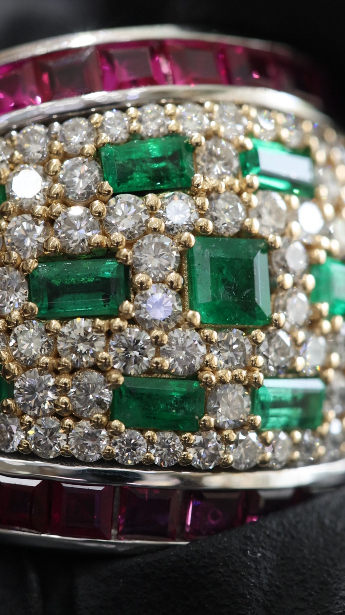 Emerald & Diamond Pavé Band with Ruby Channel Accents in Two-Tone Gold | Luxury Statement Ring