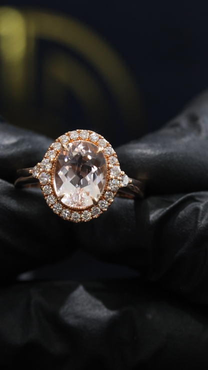 Classic Oval Morganite Halo Ring in Rose Gold | Diamond Halo & Elegant Split Shank Design