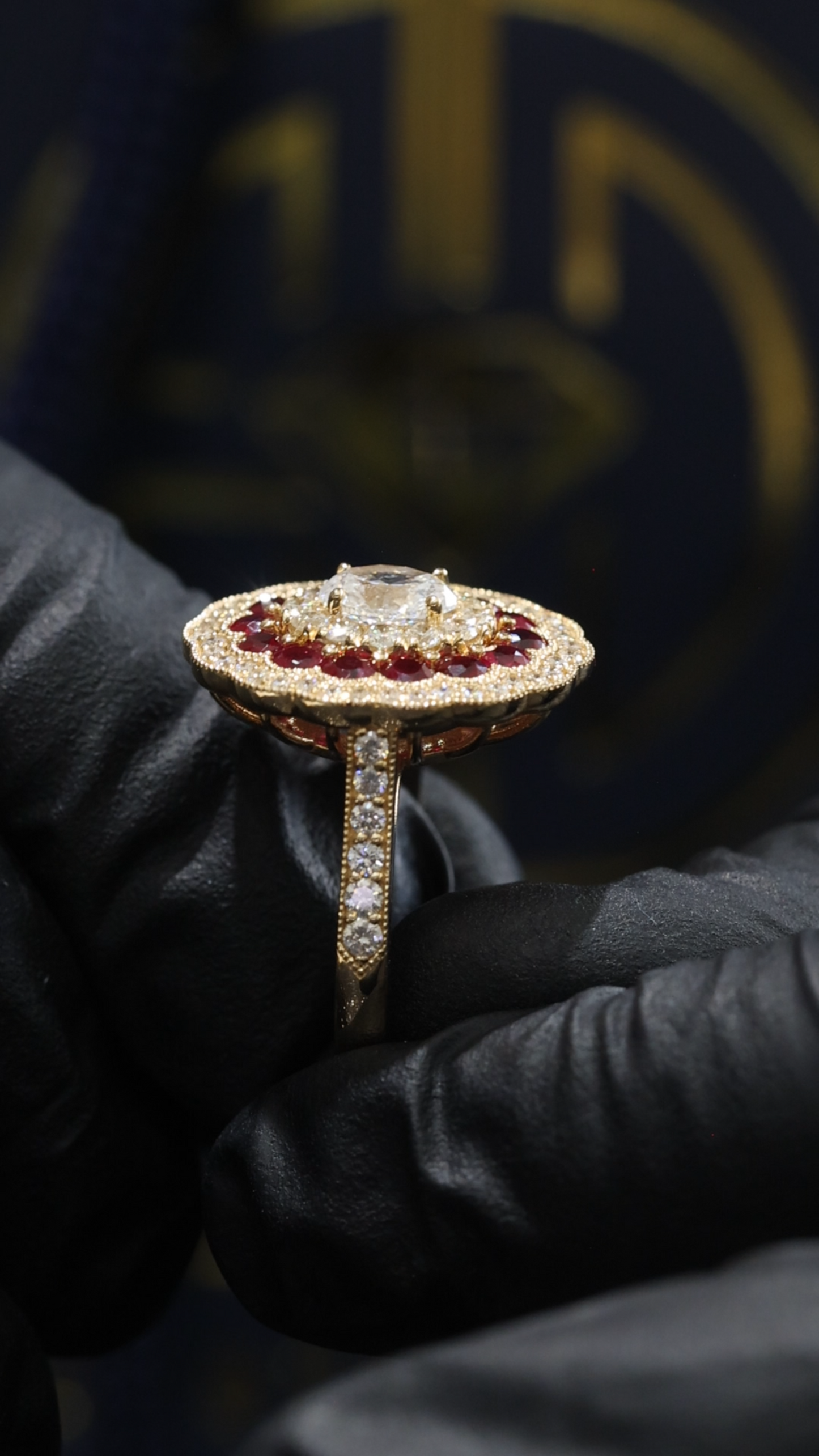 Regal Ruby & Diamond Rosette Ring in Yellow Gold | Vintage Floral Halo with Oval Diamond Center