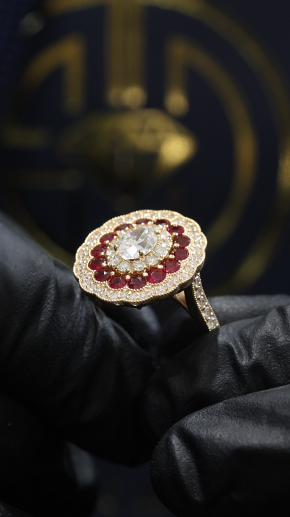 Regal Ruby & Diamond Rosette Ring in Yellow Gold | Vintage Floral Halo with Oval Diamond Center