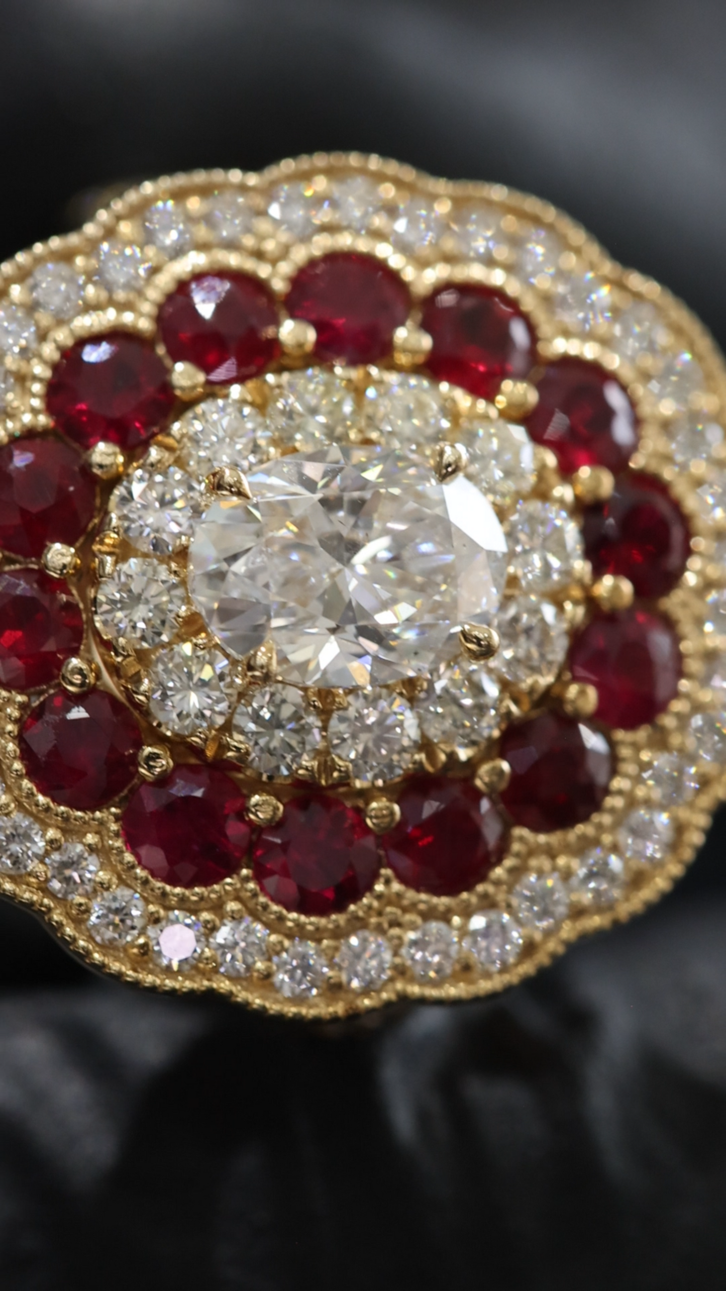 Regal Ruby & Diamond Rosette Ring in Yellow Gold | Vintage Floral Halo with Oval Diamond Center