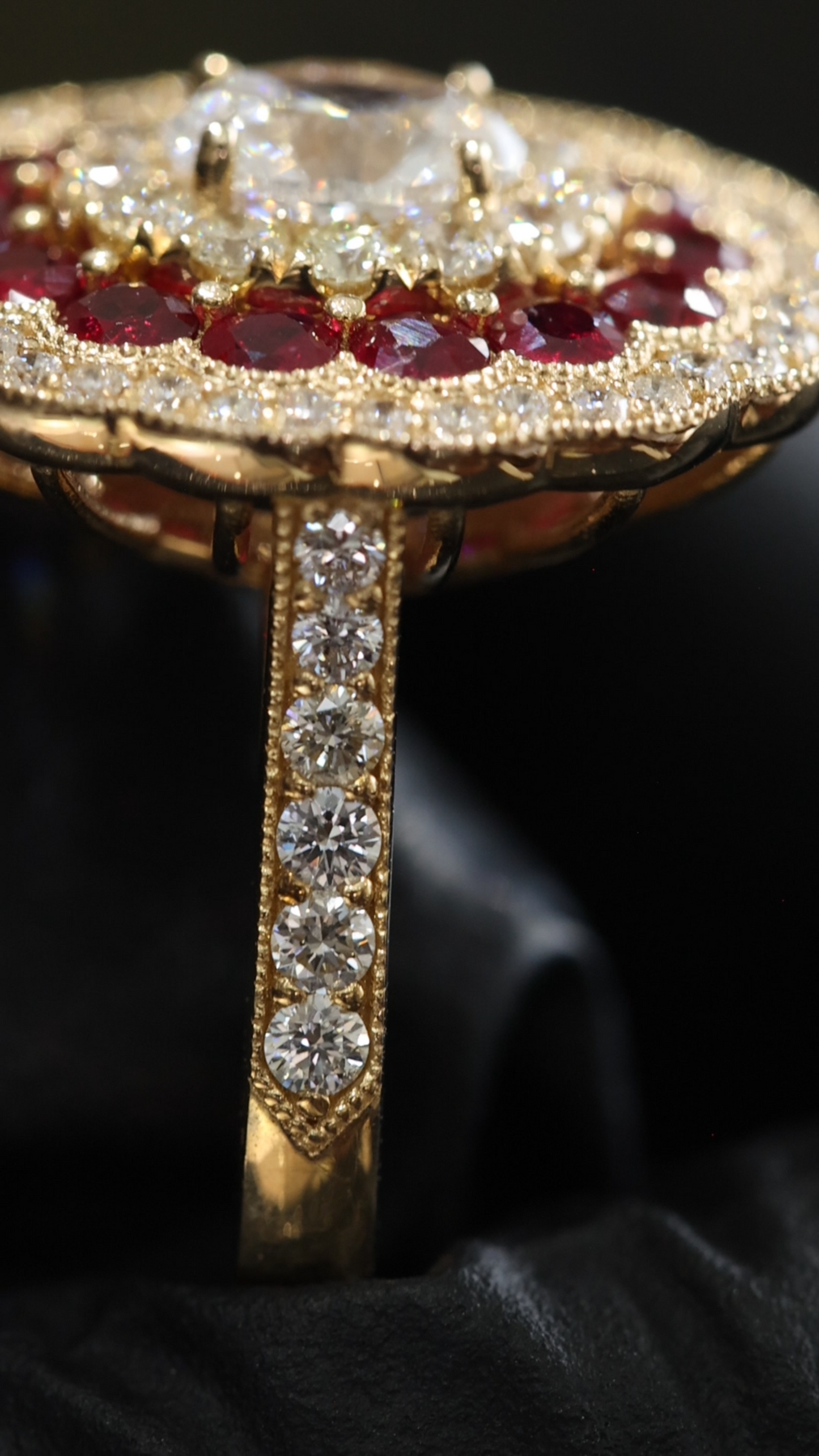 Regal Ruby & Diamond Rosette Ring in Yellow Gold | Vintage Floral Halo with Oval Diamond Center