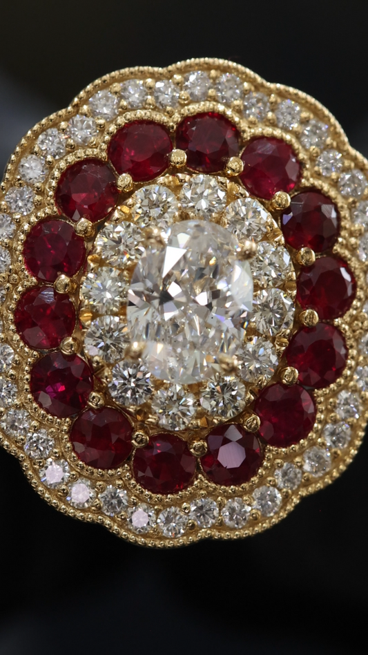 Regal Ruby & Diamond Rosette Ring in Yellow Gold | Vintage Floral Halo with Oval Diamond Center