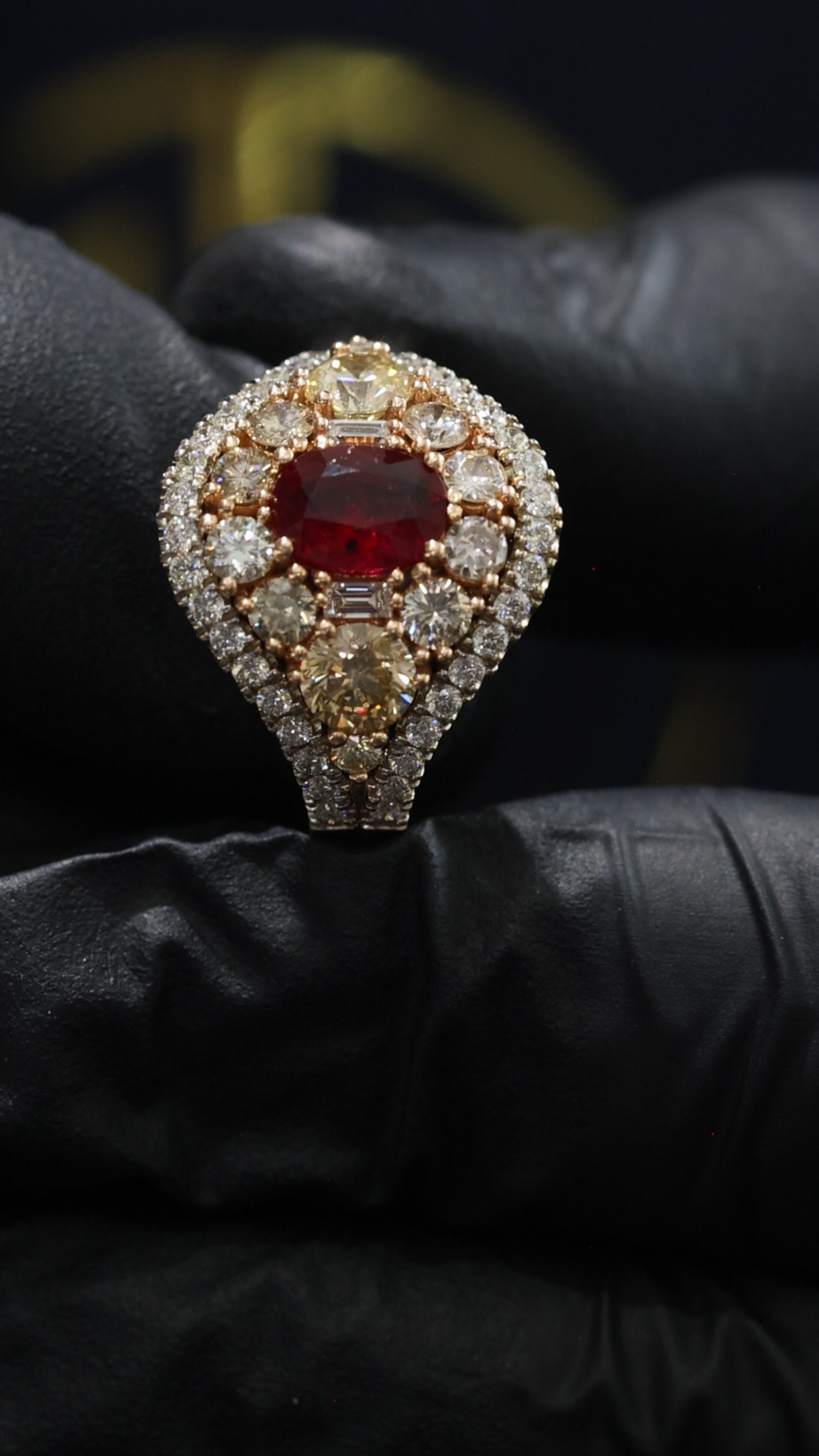Royal Teardrop Ruby Halo Ring in White Gold | Vintage-Inspired Diamond Cluster Design