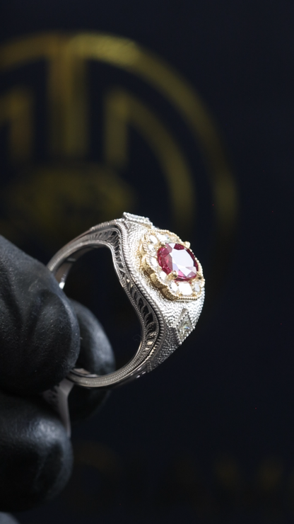 Regal Oval Ruby Pavé Dome Ring in White Gold | Scalloped Halo & Diamond-Set Shoulders