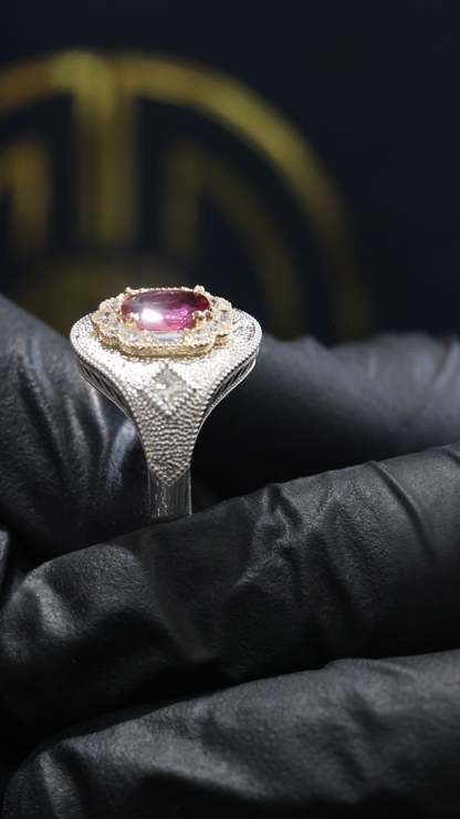 Regal Oval Ruby Pavé Dome Ring in White Gold | Scalloped Halo & Diamond-Set Shoulders