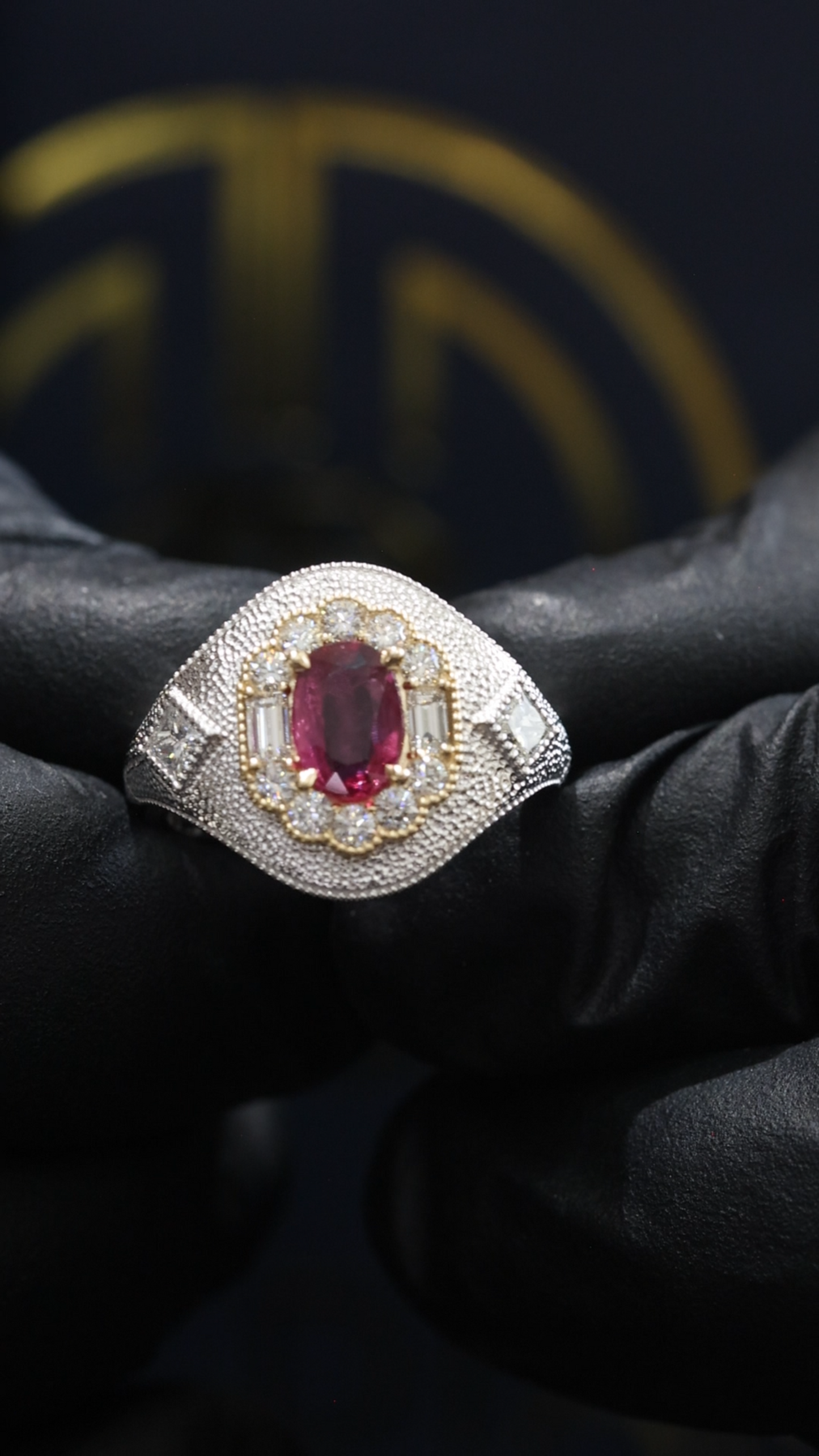 Regal Oval Ruby Pavé Dome Ring in White Gold | Scalloped Halo & Diamond-Set Shoulders