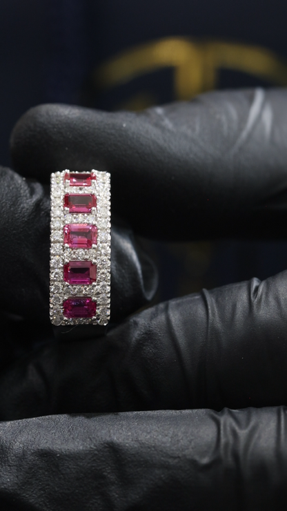 Crimson Gallery Ruby Eternity Band in White Gold | Emerald-Cut Rubies with Diamond Halo Rows