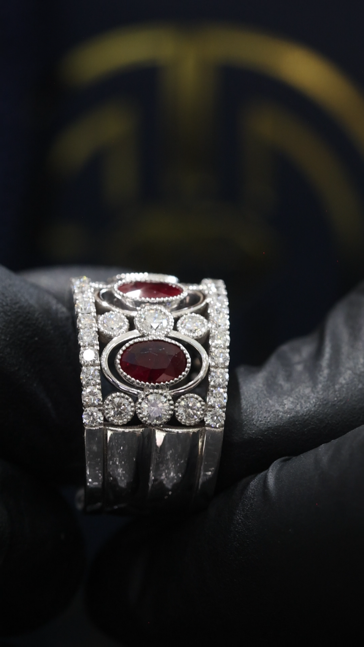Grand Oval Ruby Diamond Band in White Gold | Milgrain Bezels & Pavé Diamond Rows