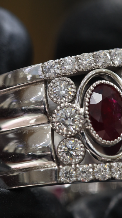 Grand Oval Ruby Diamond Band in White Gold | Milgrain Bezels & Pavé Diamond Rows