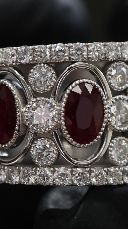 Grand Oval Ruby Diamond Band in White Gold | Milgrain Bezels & Pavé Diamond Rows