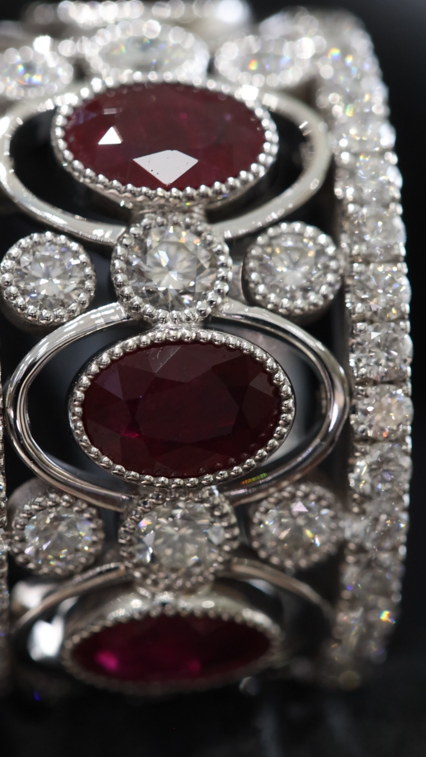 Grand Oval Ruby Diamond Band in White Gold | Milgrain Bezels & Pavé Diamond Rows