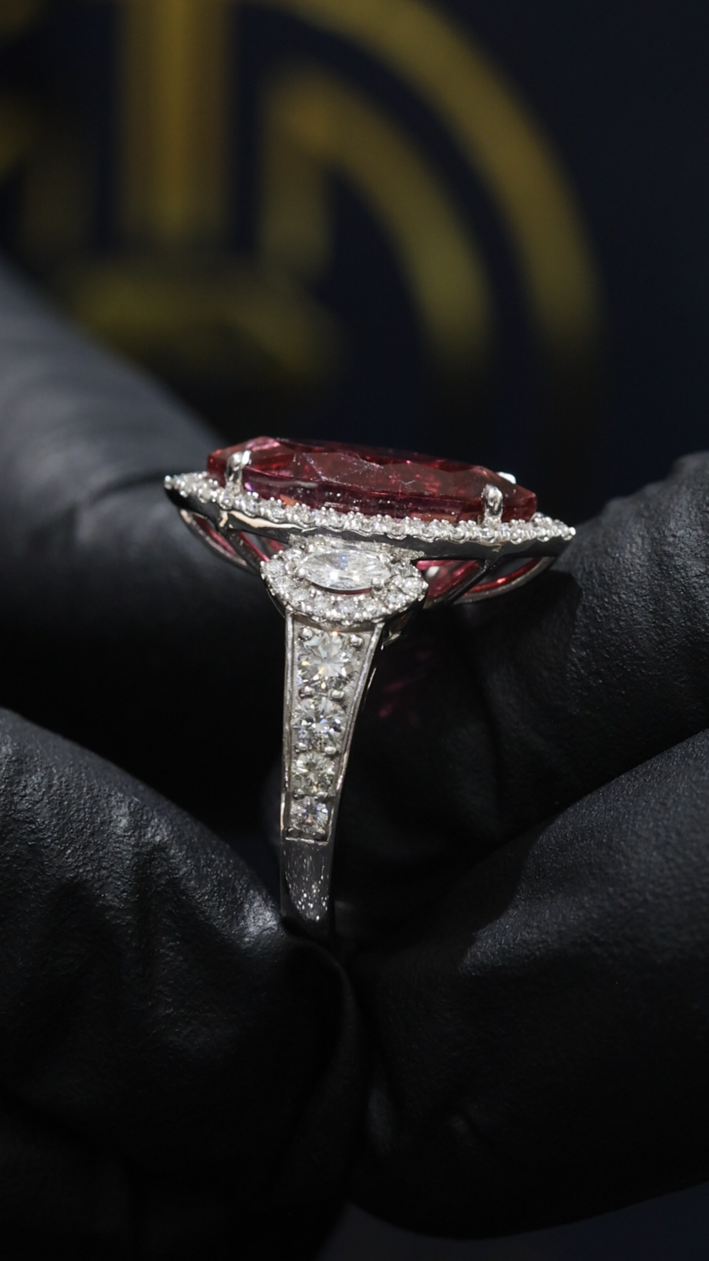 Imperial Marquise Rubellite Ring in White Gold | Diamond Halo & Accent Shoulders