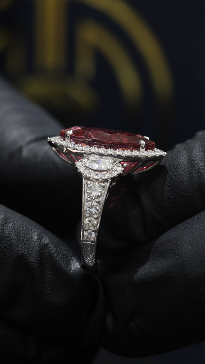 Imperial Marquise Rubellite Ring in White Gold | Diamond Halo & Accent Shoulders