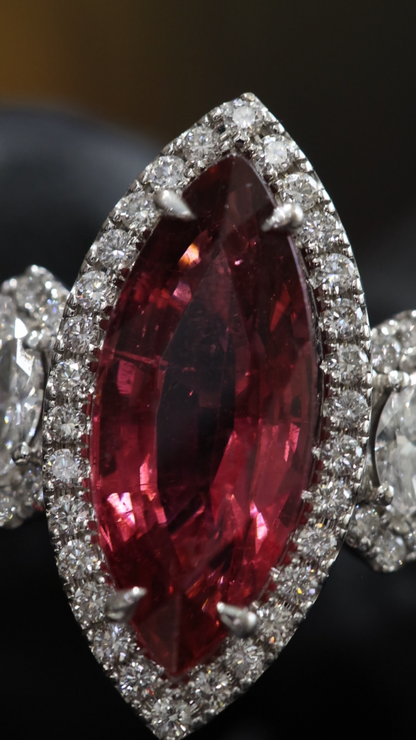 Imperial Marquise Rubellite Ring in White Gold | Diamond Halo & Accent Shoulders