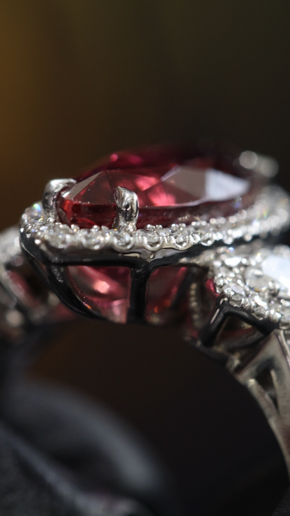 Imperial Marquise Rubellite Ring in White Gold | Diamond Halo & Accent Shoulders