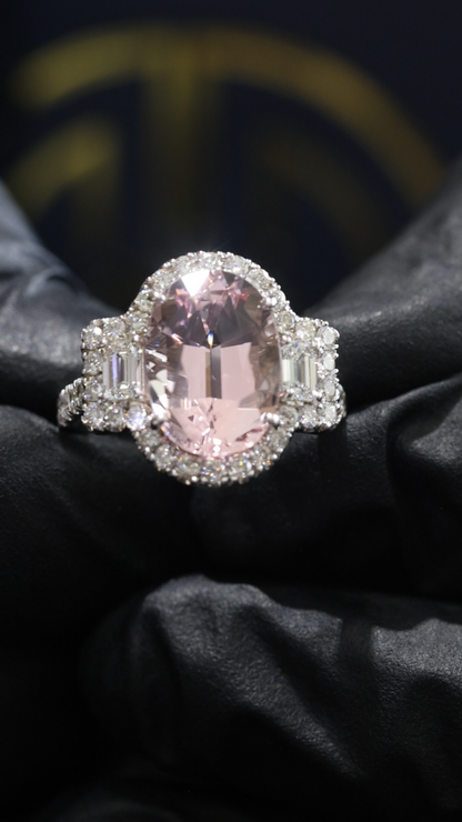 Grand Oval Morganite Halo Ring in White Gold | Baguette Diamond Accents & Classic Scalloped Halo