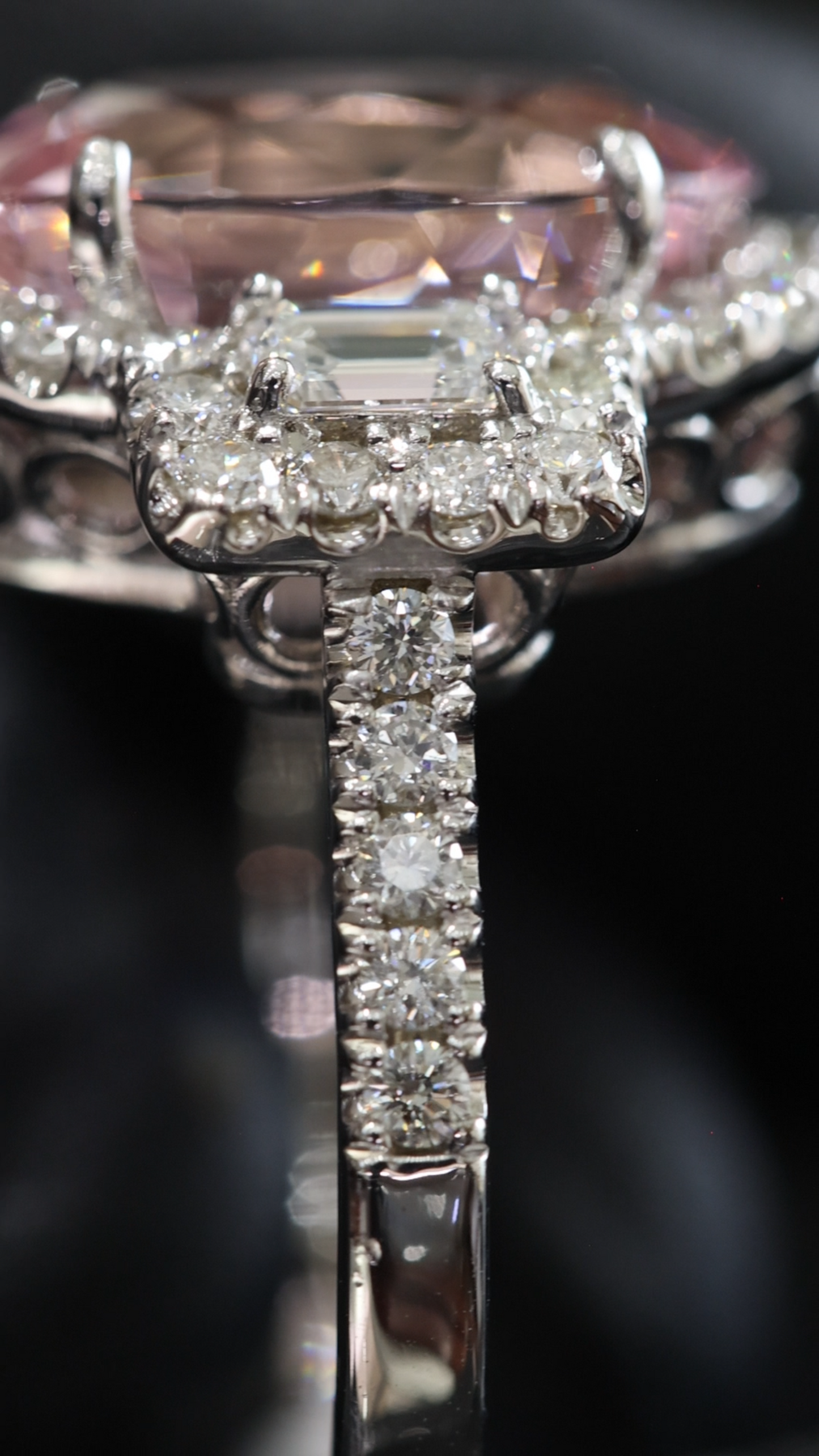 Grand Oval Morganite Halo Ring in White Gold | Baguette Diamond Accents & Classic Scalloped Halo