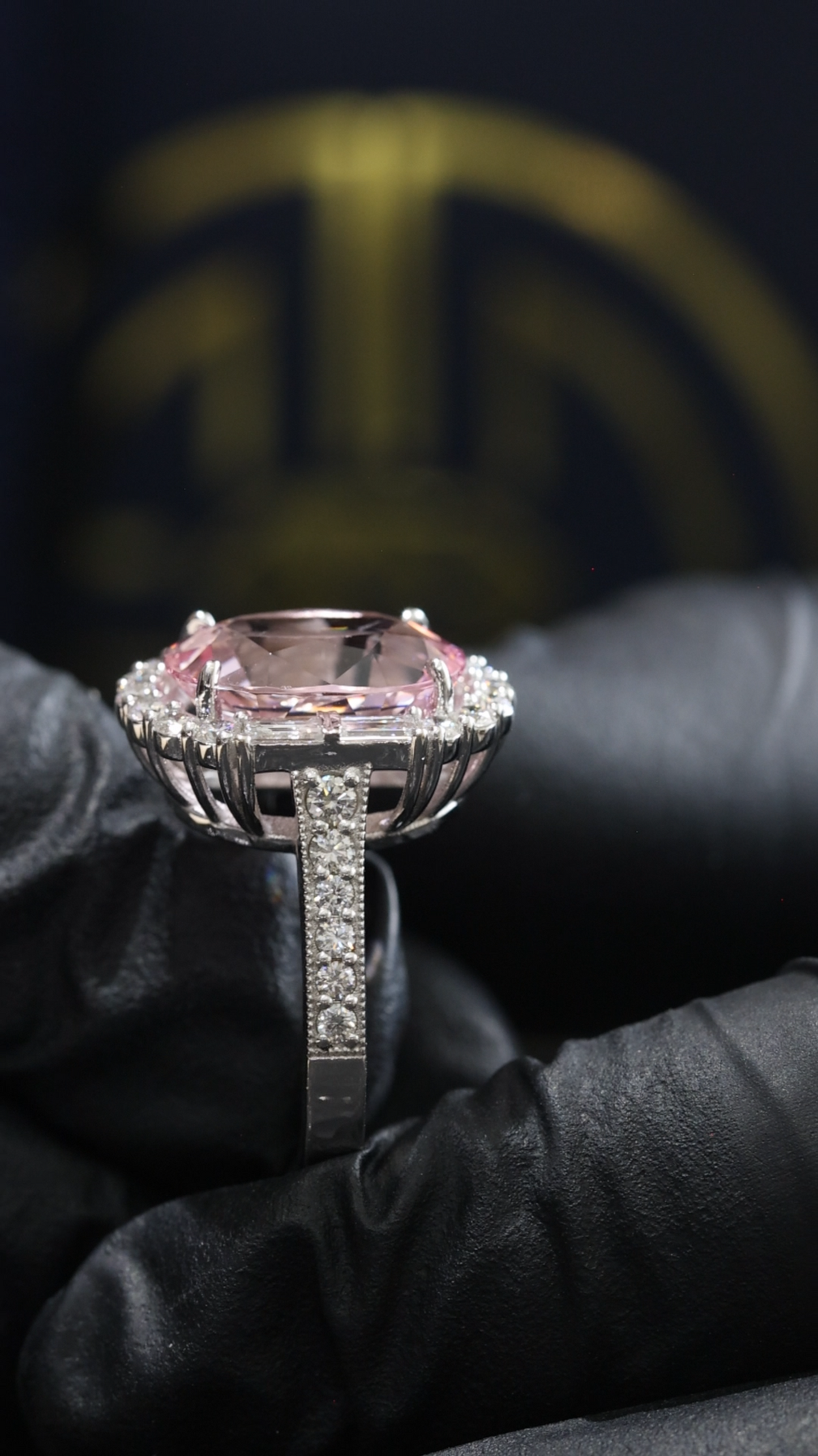 Imperial Oval Morganite Ring in White Gold | Diamond Halo & Baguette Diamond Shoulders
