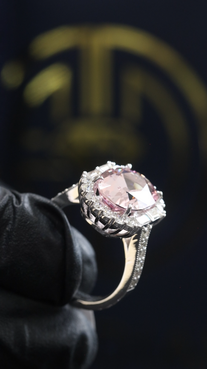 Imperial Oval Morganite Ring in White Gold | Diamond Halo & Baguette Diamond Shoulders