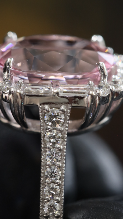 Imperial Oval Morganite Ring in White Gold | Diamond Halo & Baguette Diamond Shoulders