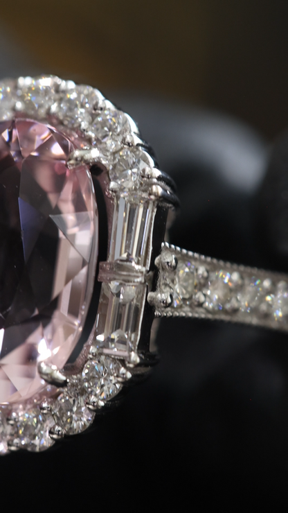 Imperial Oval Morganite Ring in White Gold | Diamond Halo & Baguette Diamond Shoulders