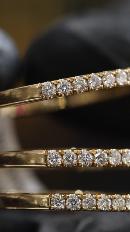 Radiant Ruby Pear Cross-Bar Ring in Yellow Gold | Triple Diamond Band Statement Design