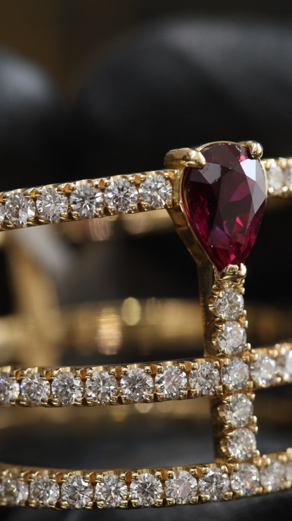 Radiant Ruby Pear Cross-Bar Ring in Yellow Gold | Triple Diamond Band Statement Design