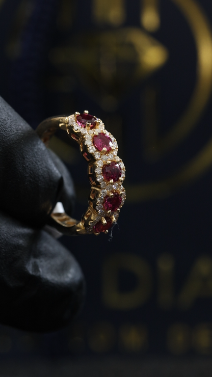 Classic Ruby Diamond Halo Band in Yellow Gold | Oval Ruby Cluster Ring with Diamond Accents