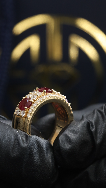 Regal Oval Ruby Diamond Band in Yellow Gold | Triple-Stone Ruby Row with Diamond Pave