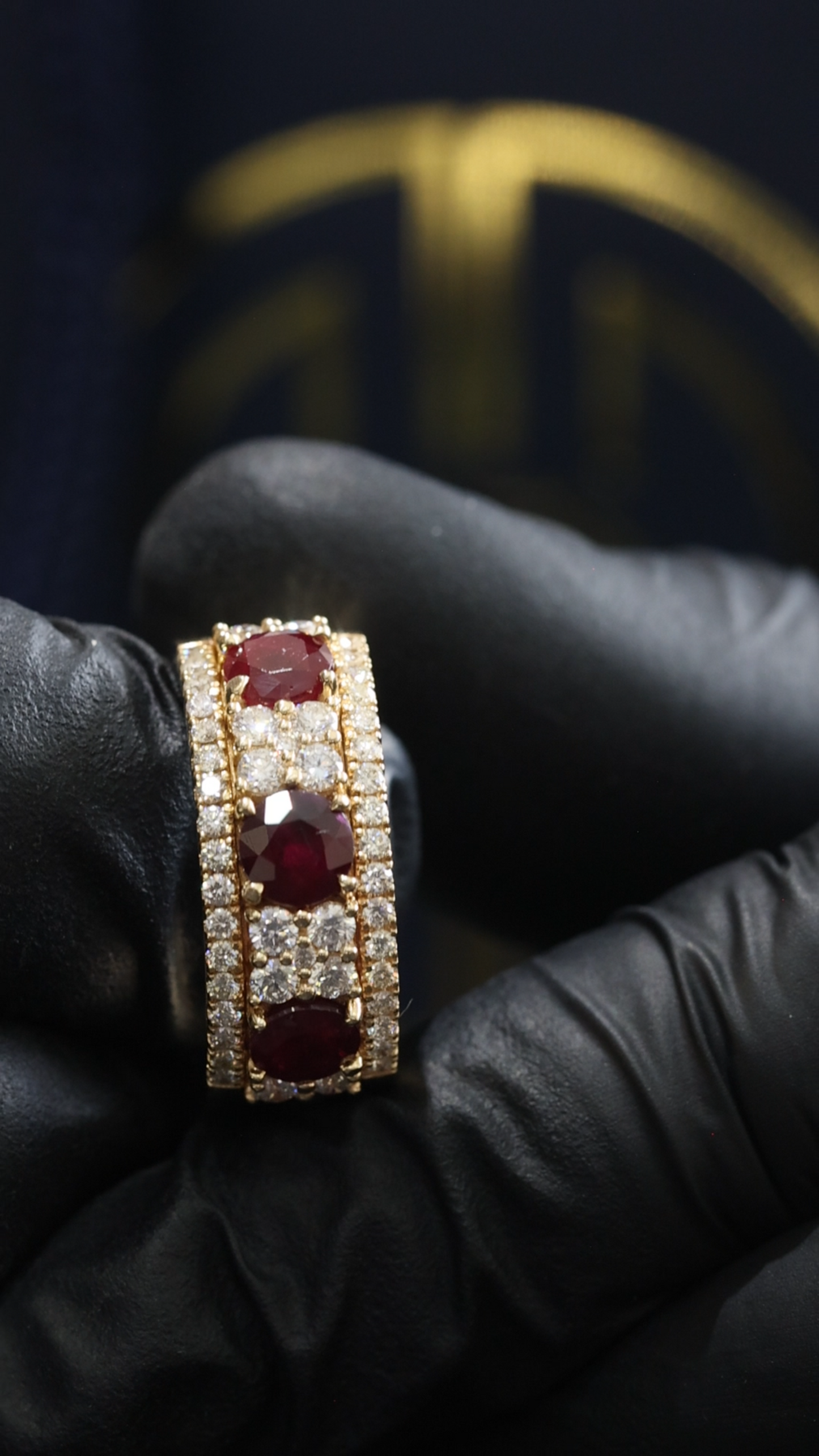Regal Oval Ruby Diamond Band in Yellow Gold | Triple-Stone Ruby Row with Diamond Pave