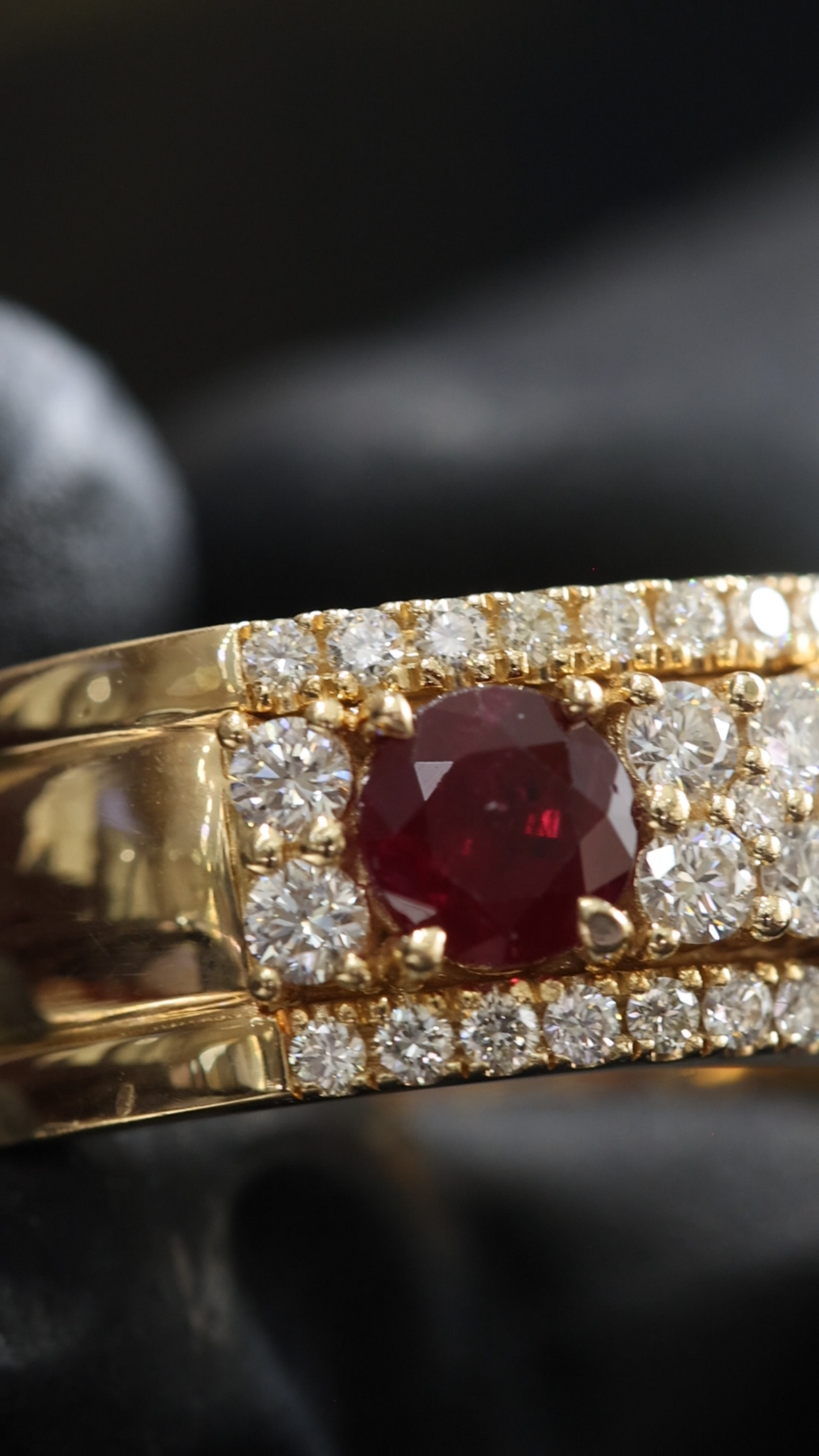 Regal Oval Ruby Diamond Band in Yellow Gold | Triple-Stone Ruby Row with Diamond Pave