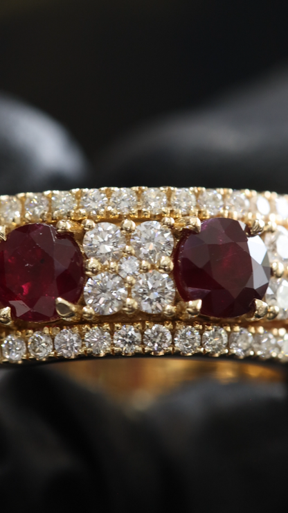 Regal Oval Ruby Diamond Band in Yellow Gold | Triple-Stone Ruby Row with Diamond Pave
