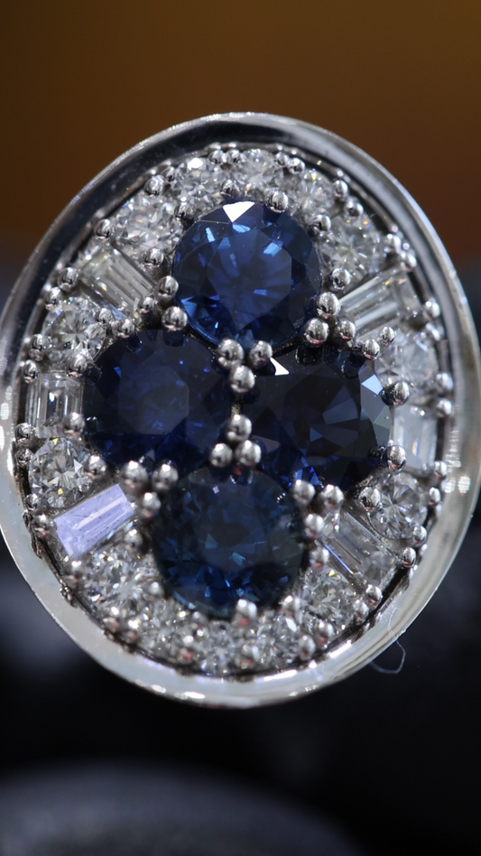 Sapphire & Diamond Halo Cluster Ring in 14K White Gold | 1.50 CT TW