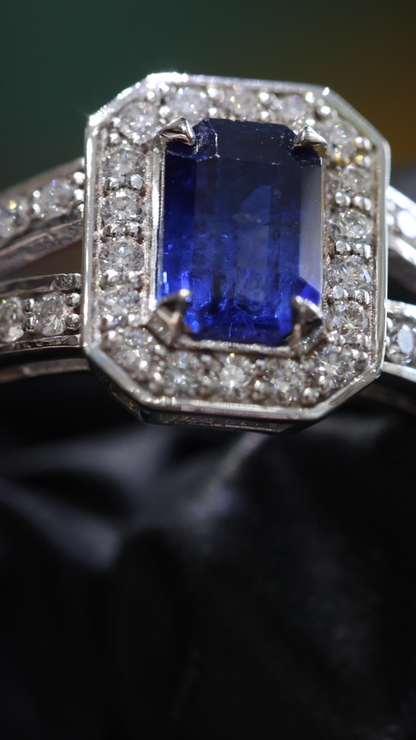 Sapphire & Diamond Halo Ring in White Gold | 2.04 CTW