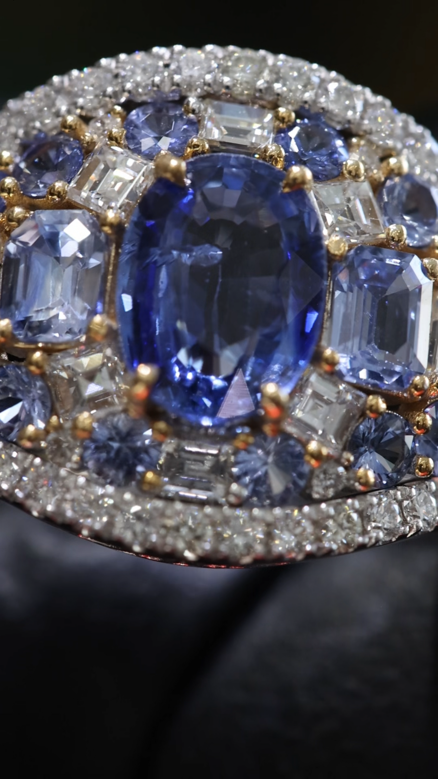 Dome Blue Sapphire Diamond Cluster Ring 14k White Gold | 3.24 CTW