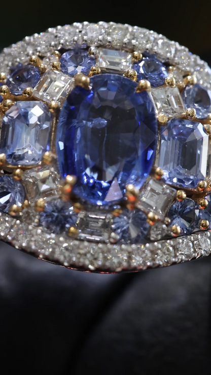 Dome Blue Sapphire Diamond Cluster Ring 14k White Gold | 3.24 CTW