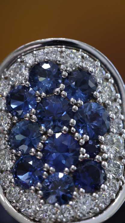 Sapphire & Diamond Halo Cluster Ring in 14K White Gold | 2.54 CT TW