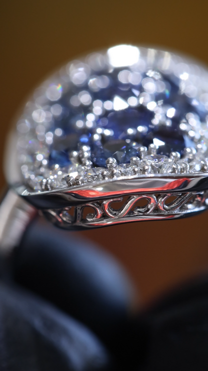Sapphire & Diamond Halo Cluster Ring in 14K White Gold | 2.54 CT TW