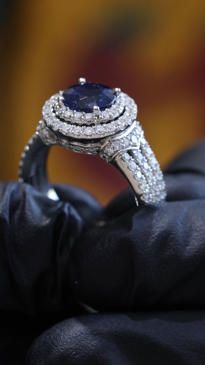 Natural Blue Sapphire Diamond Halo Ring – 3.30 TCW