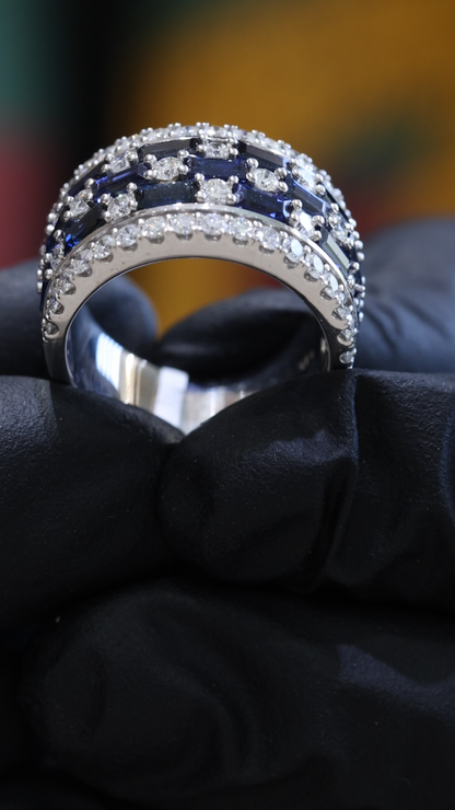 Blue Sapphire & Diamond Multi-Row Band in White Gold |3.55 ctw