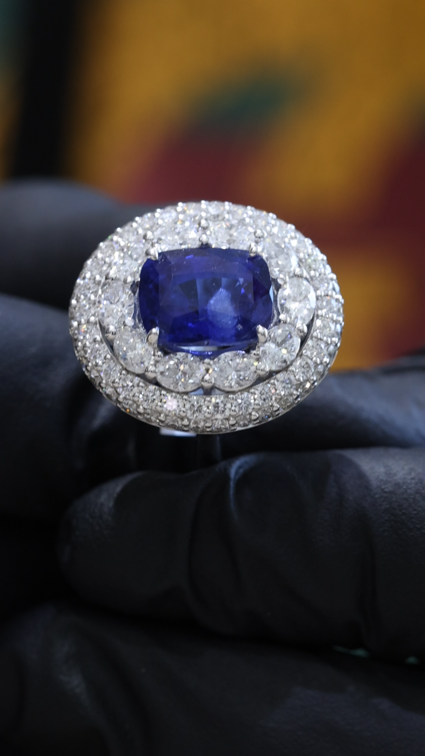 Blue Sapphire & Diamond Halo Ring in White Gold | 7.18 CTW