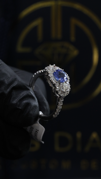 Sapphire & Diamond Halo Ring in White Gold | .92 CT Sapphire + .89 CTW Diamonds