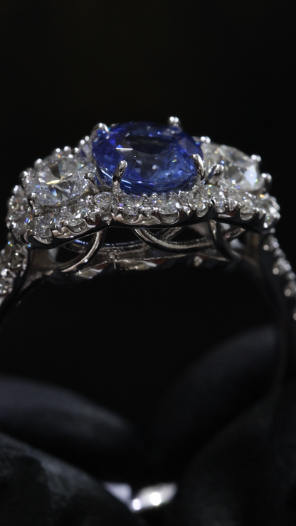 Sapphire & Diamond Halo Ring in White Gold | .92 CT Sapphire + .89 CTW Diamonds