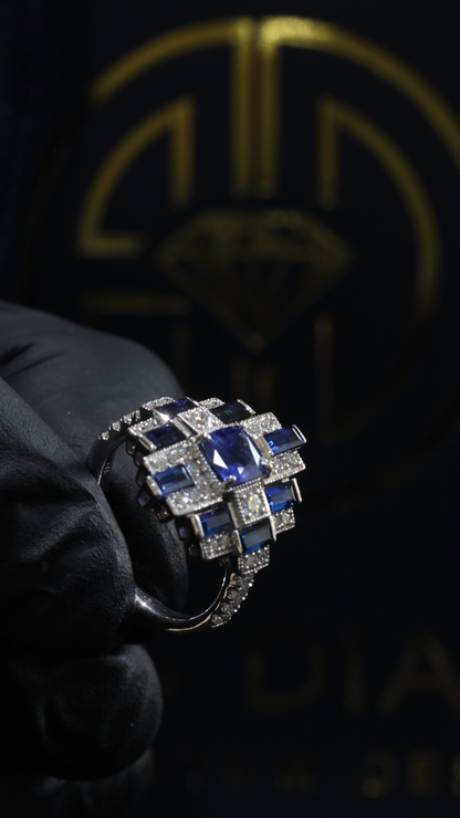 Sapphire & Diamond Multi-Halo Ring in White Gold | 1.20 CT Sapphire + .52 CTW Diamonds