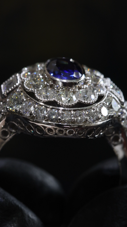 Sapphire & Diamond Halo Ring in White Gold | 1.32 CT Sapphire + 2.41 CTW Diamonds