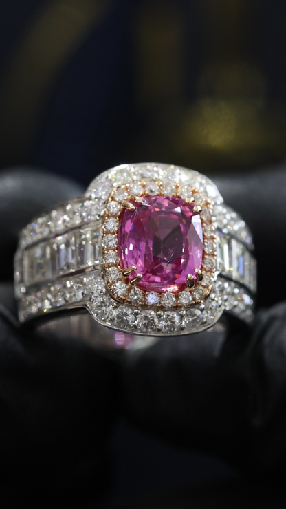 Imperial Cushion Pink Sapphire Ring in White Gold | Double Halo & Emerald-Cut Diamond Shoulders