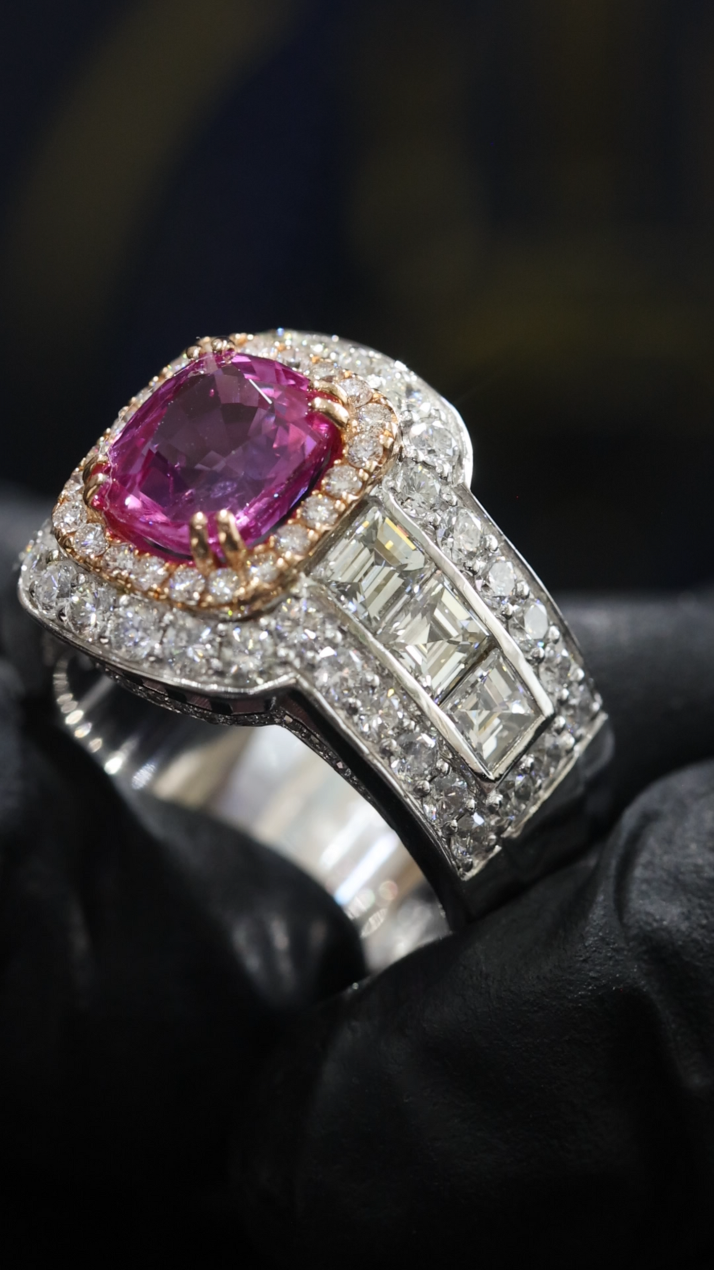 Imperial Cushion Pink Sapphire Ring in White Gold | Double Halo & Emerald-Cut Diamond Shoulders