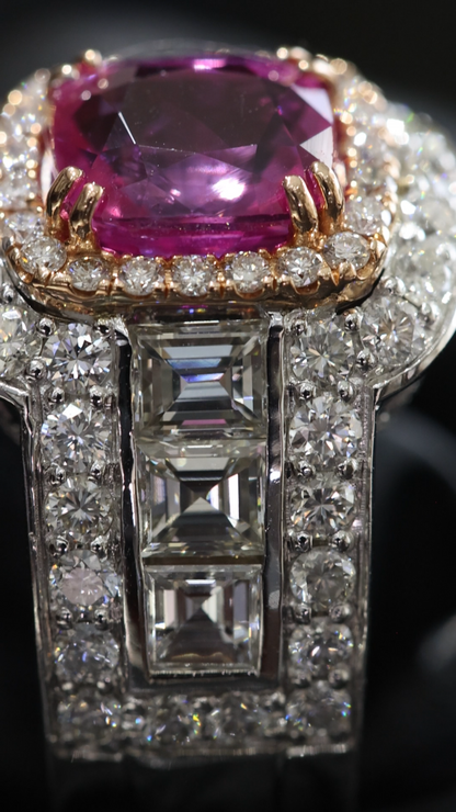 Imperial Cushion Pink Sapphire Ring in White Gold | Double Halo & Emerald-Cut Diamond Shoulders