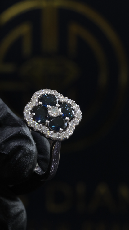 Sapphire & Diamond Cluster Halo Ring in White Gold | 2.90 CT Sapphire + .45 CTW Diamonds